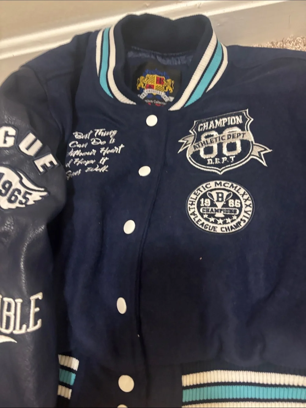 Vintage Red Fox Champion Kids Navy Blue Varsity Jacket with Teal Trim